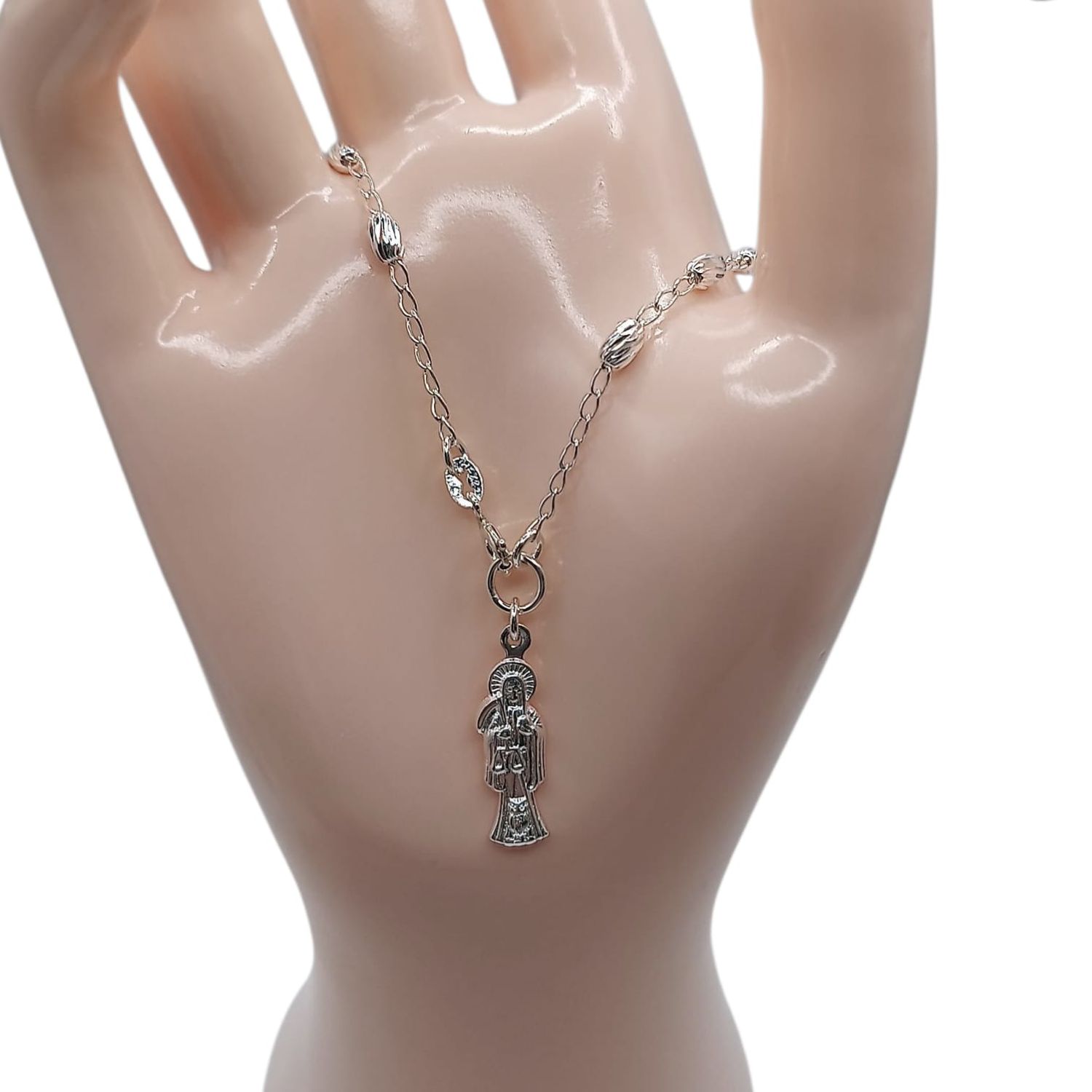 MISTERIO DE MANO SANTA MUERTE BOLA ARROZ FACETADA 7&quot; PLATA .925