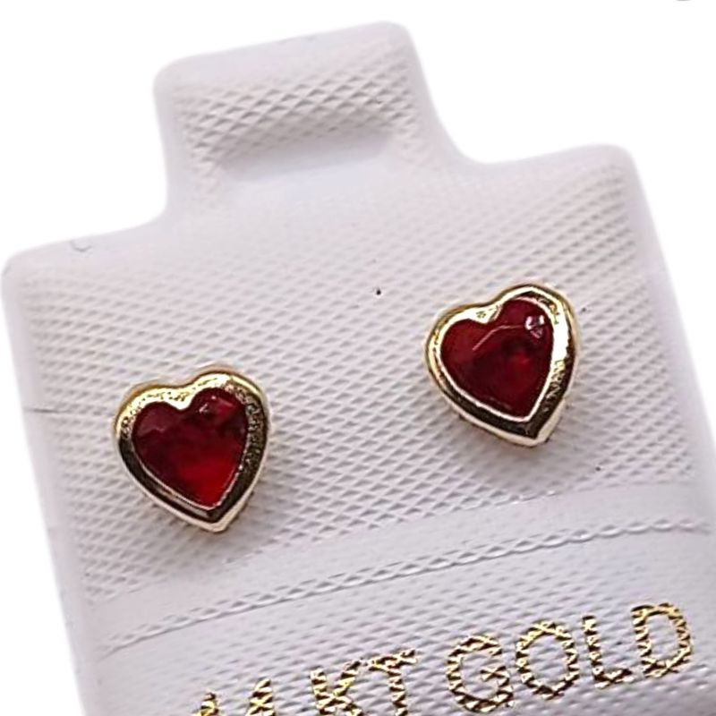 BROQUEL CORAZONCON BISEL CZ ROJA, BROCHE BOLITA, ORO 14K