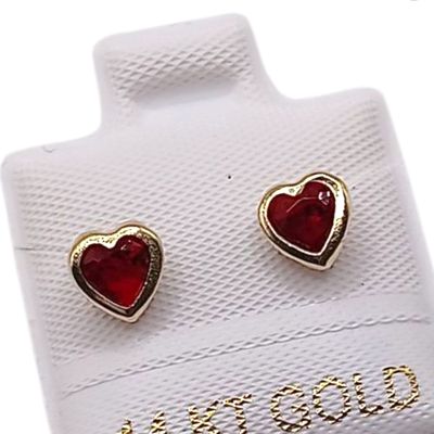BROQUEL CORAZONCON BISEL CZ ROJA, BROCHE BOLITA, ORO 14K