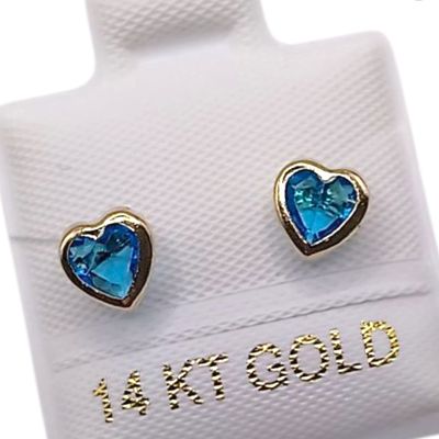 BROQUEL CORAZON CON BISEL CZ AZUL, BROCHE BOLITA, ORO 14K