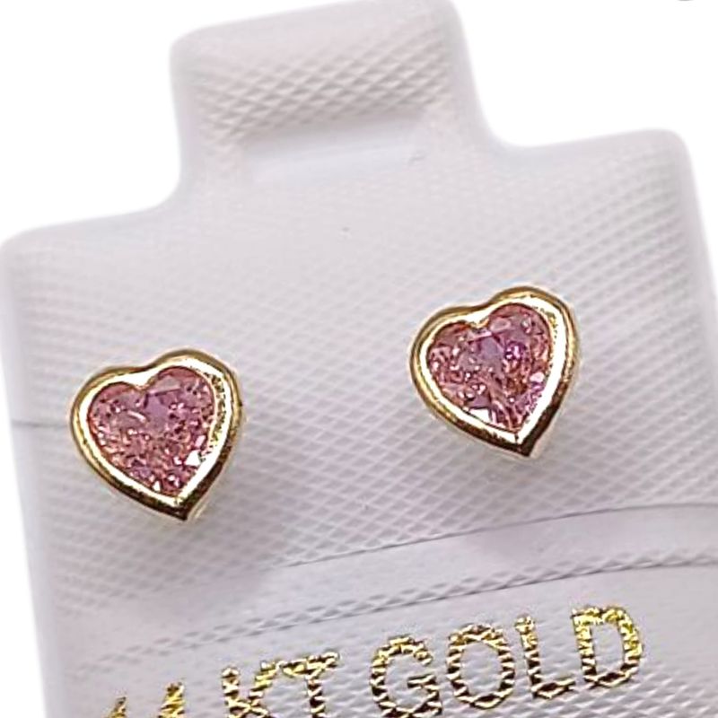 BROQUEL  CORAZON BISELADO CZ ROSA, BROCHE BOLITA ORO 14K