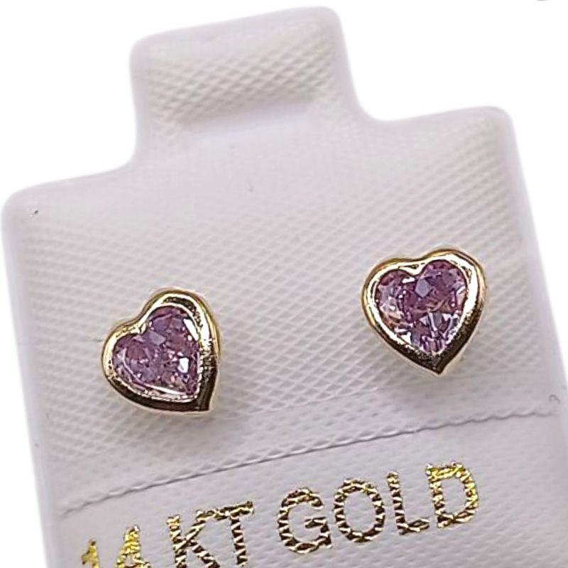 BROQUEL CORAZON BISELADO CZ LILA, BROCHE BOLITA, ORO 14K