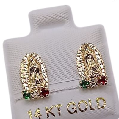 BROQUEL VIRGEN DE GPE CZ TRICOLOR, BROCHE BOLITA, ORO 14K