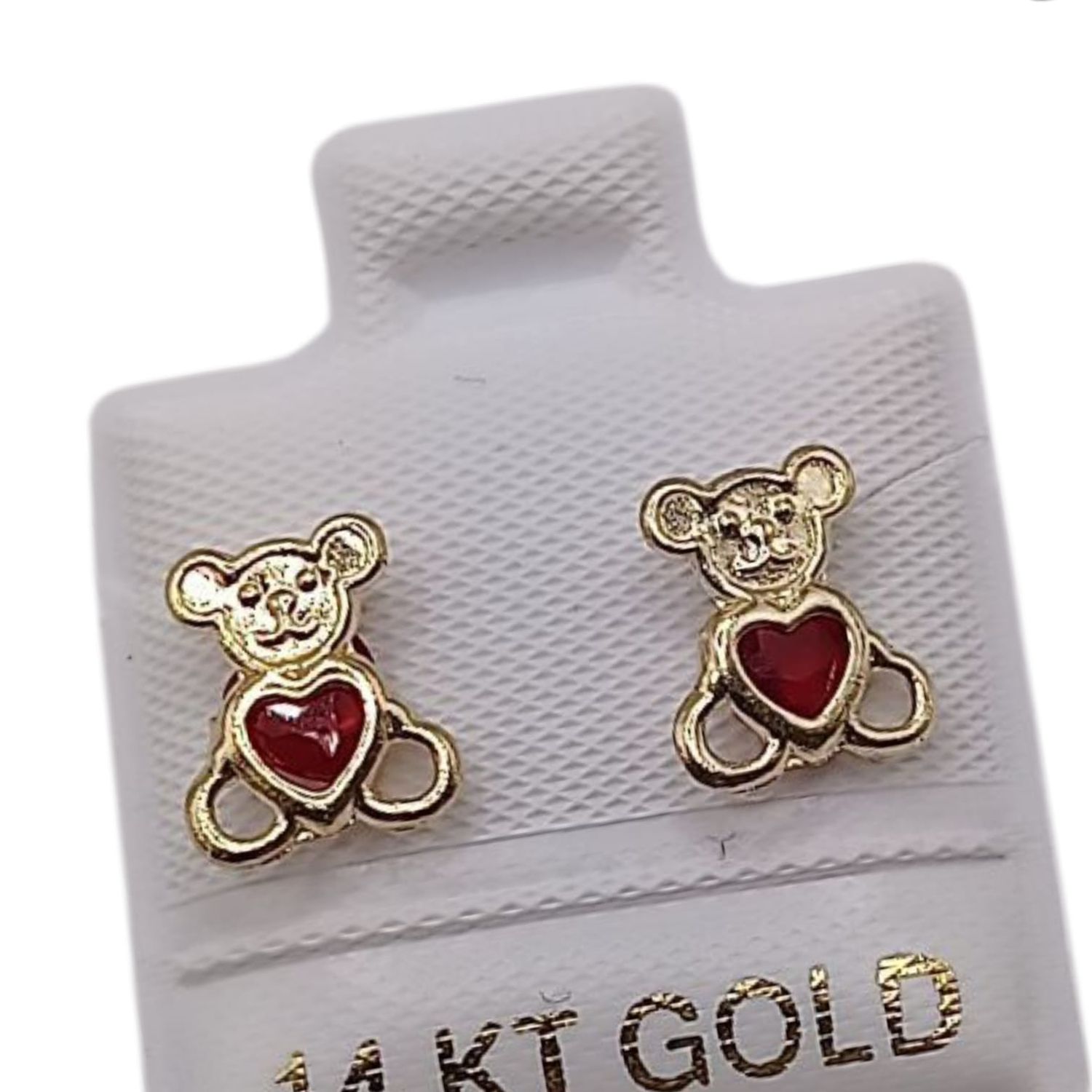BROQUEL OSITO CORAZON CZ ROJA, BROCHE BOLITA, ORO 14K