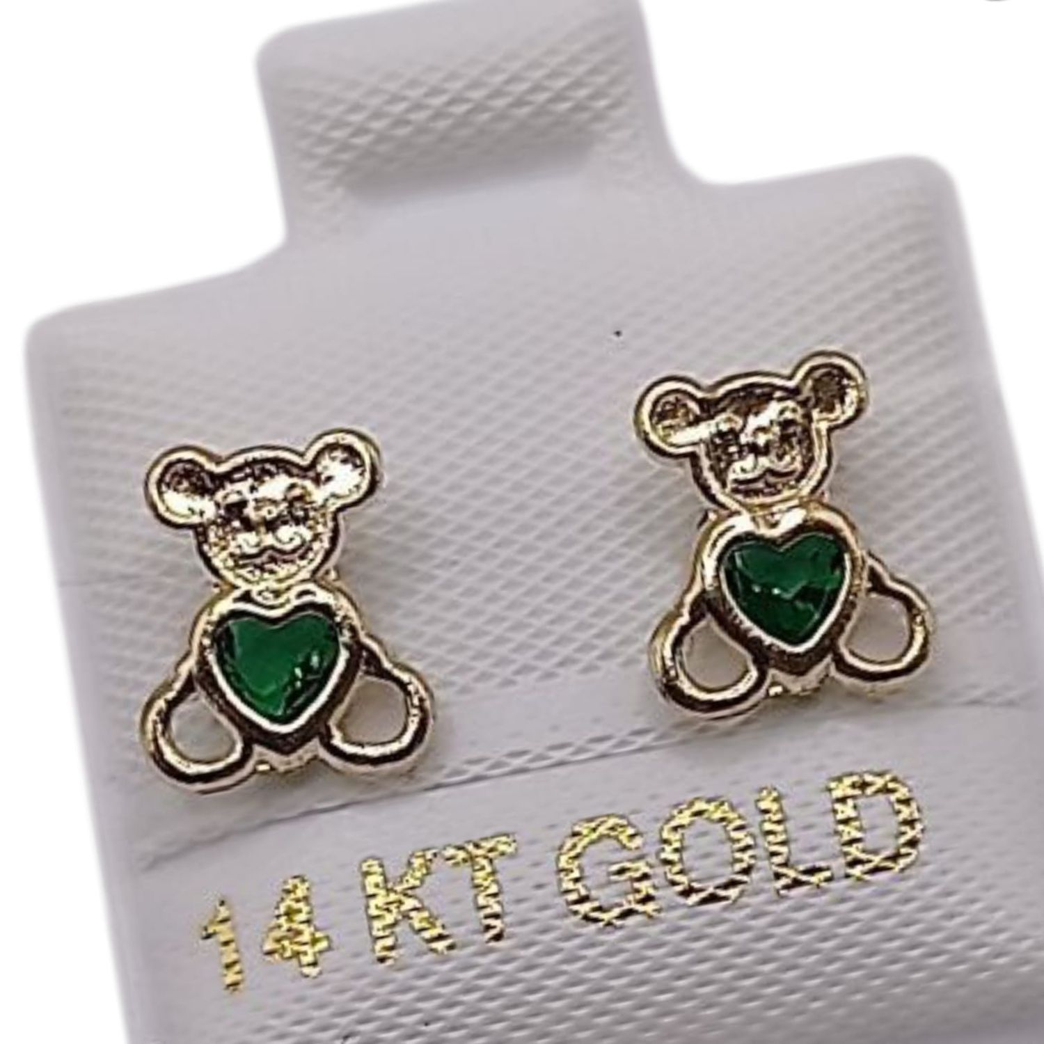 BROQUEL OSITO CORAZON CZ VERDE, BROCHE BOLITA, ORO 14K