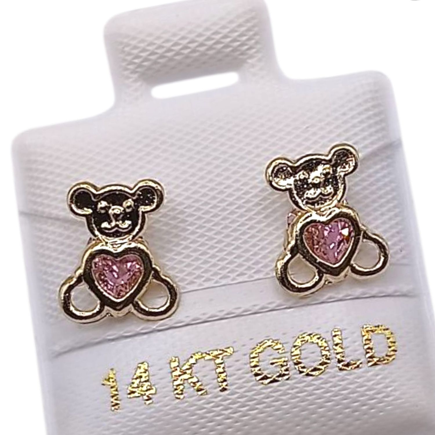 BROQUEL OSITO CORAZON CZ ROSA, BROCHE BOLITA, ORO 14K