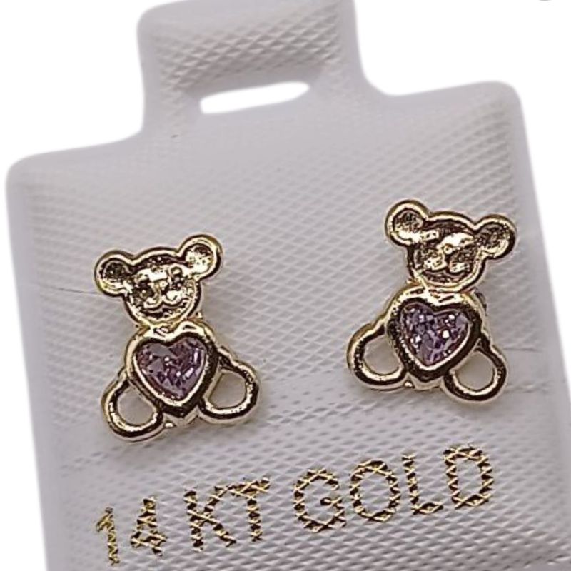BROQUEL OSITO CORAZON CZ LILA, BROCHE BOLITA, ORO 14K