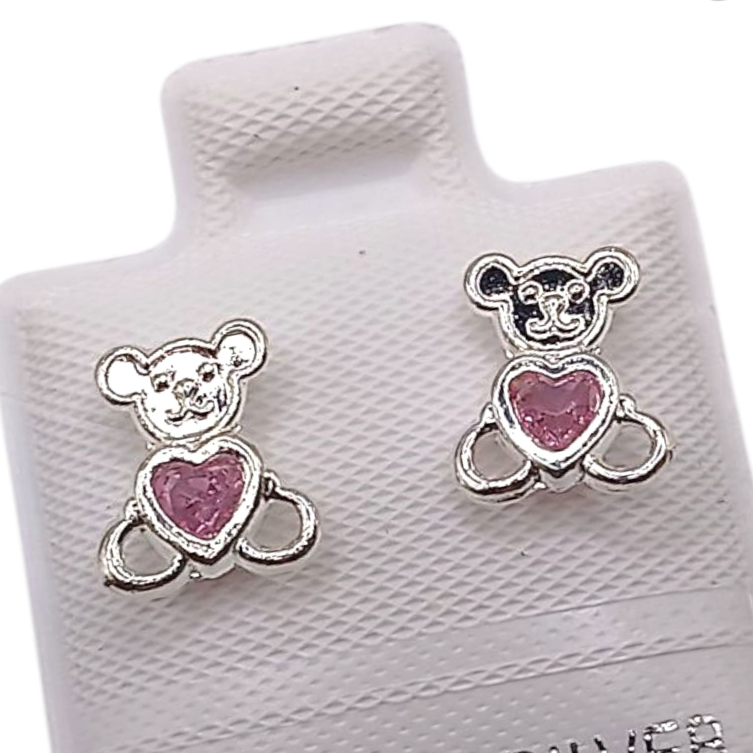 BROQUEL OSITO  CORAZON CZ ROSA, BROCHE BOLITA, PLATA .925