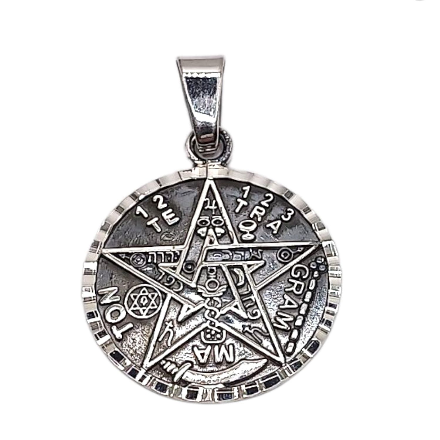 DIJE TETRAGRAMATON RODIZADO, 4.4 CM LARGO TOTAL  CON ASA, PLATA .925