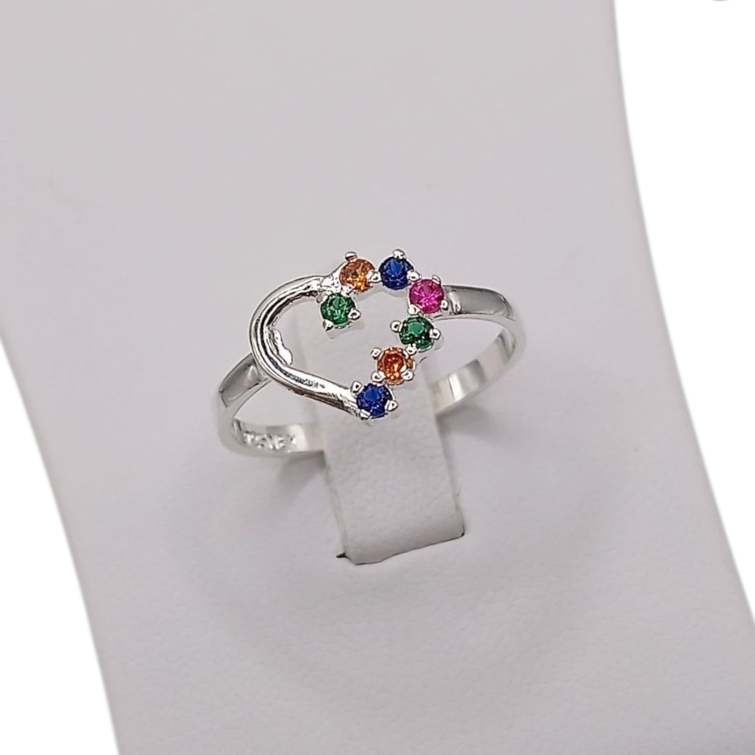 ANILLO CORAZON CZ MULTICOLOR,  # 8 ,PLATA .925