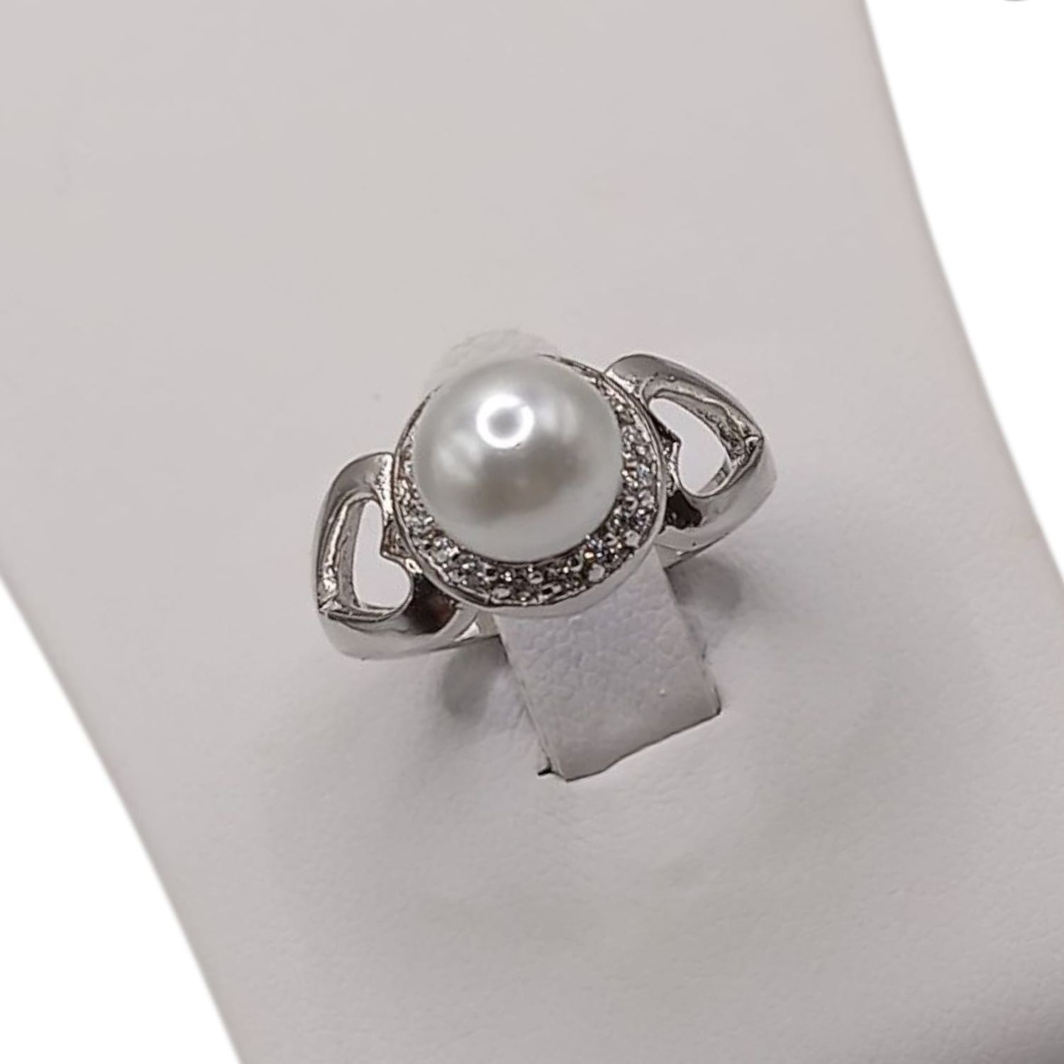 ANILLO PERLA CON CZ Y CORAZONES #6, PLATA .925