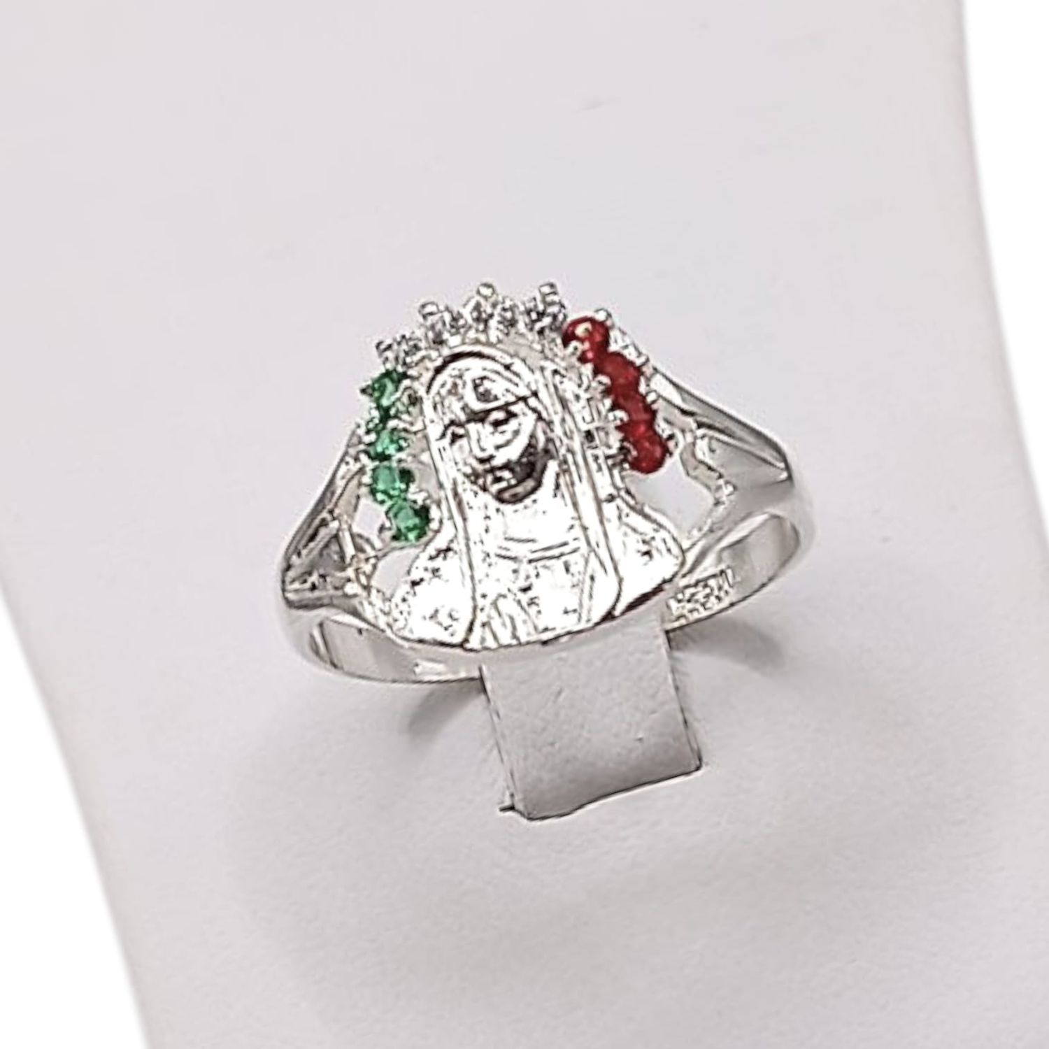 ANILLO VIRGEN DE GUADALUPE TRICOLOR , VARIAS MEDIDAS, PLATA .925