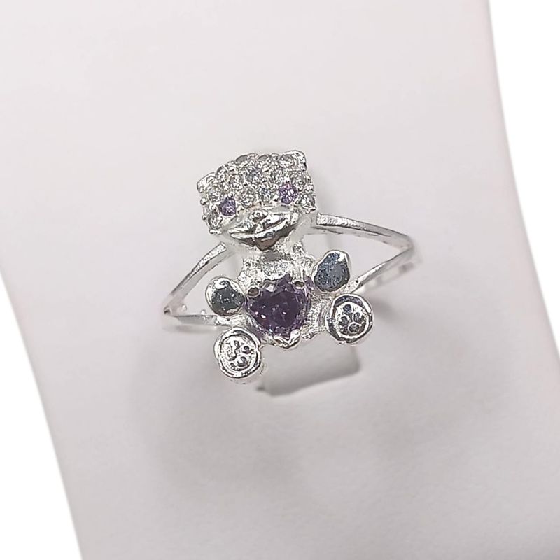 ANILLO OSITO CORAZON  CZ LILA #8 PLATA .925
