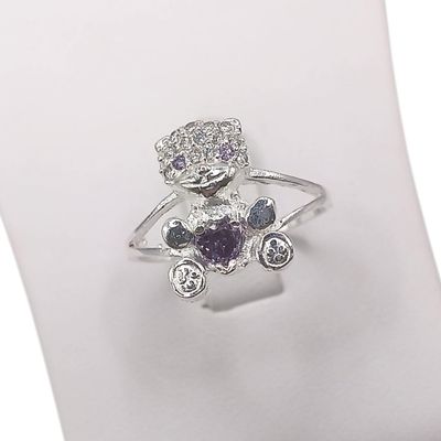 ANILLO OSITO CORAZON  CZ LILA #8 PLATA .925