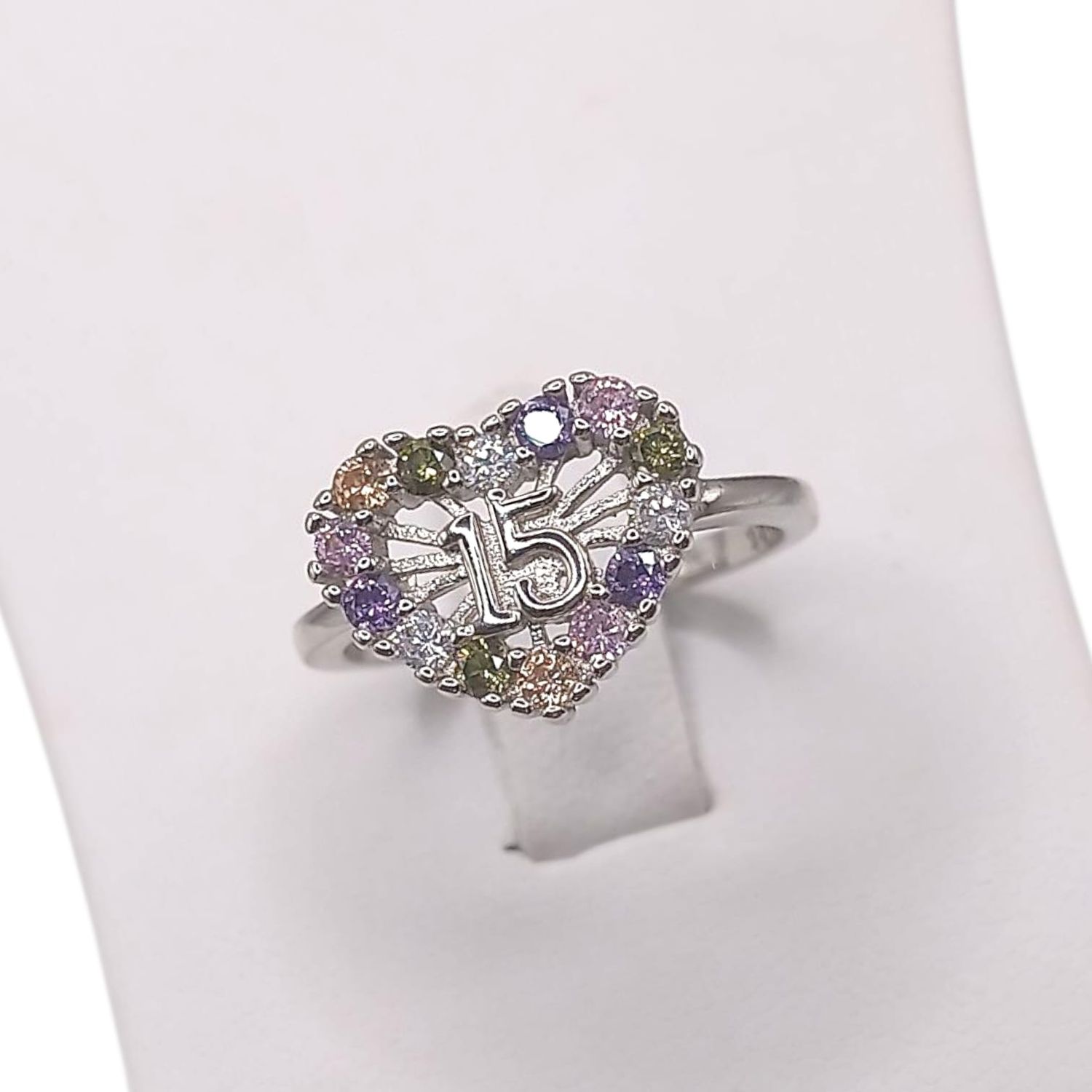 ANILLO CORAZON  QUINCE AÑOS CZ DE COLORES VARIAS MEDIDAS  PLATA .925