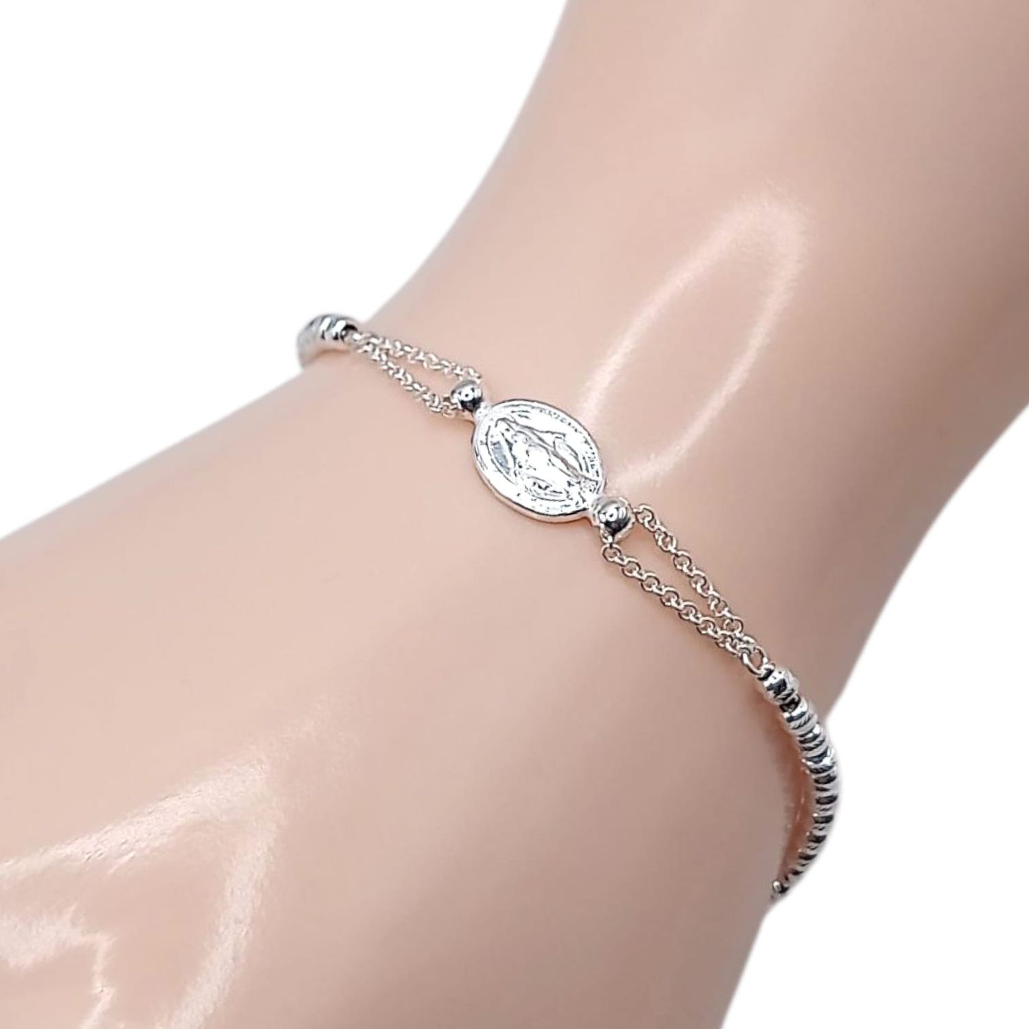 PULSERA BOLITA 2.5 MM VIRGEN MILAGRISA 7.5&quot; AJUSTABLE, PLATA .925