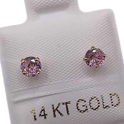 BROQUEL RECTO REDONDO CZ ROSA # 4, BROCHE BOLITA, ORO 14K