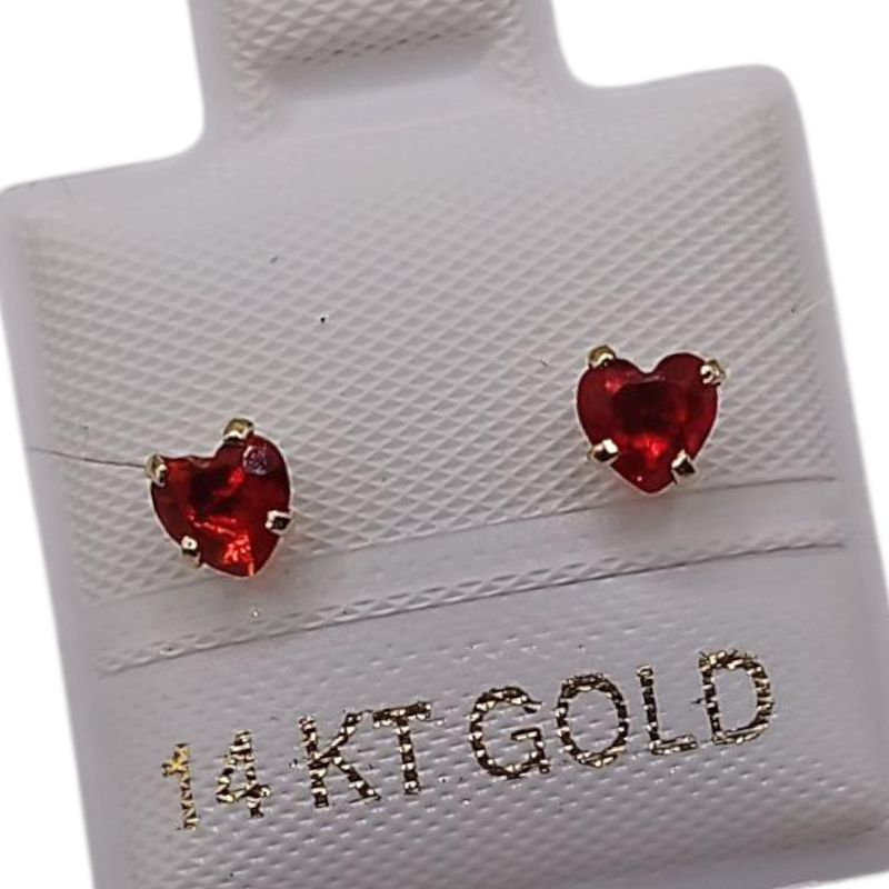 BROQUEL CORAZON ROJO #4 CZ ORO 14K