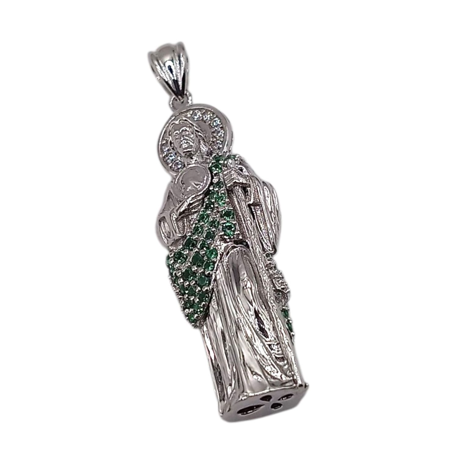 DIJE SAN JUDAS T CON CZ VERDE,  3 CM LARGO, PLATA .925
