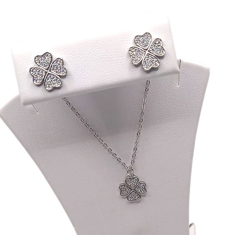 JUEGO ARETE Y GARGANTILLA 18&quot; TREBOL CON CZ, PLATA .925