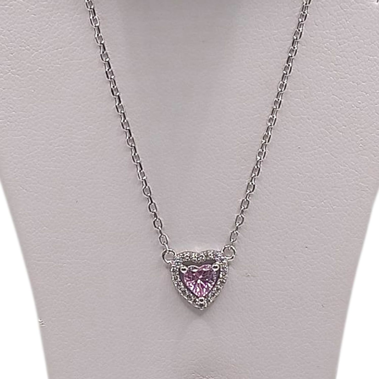 GARGANTILLA 17&quot; CORAZON CZ ROSA, PLATA .925