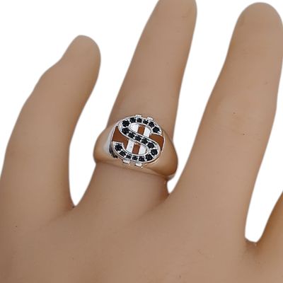 ANILLO CABALLERO DINERO CZ NEGRA,  #9 PLATA .925