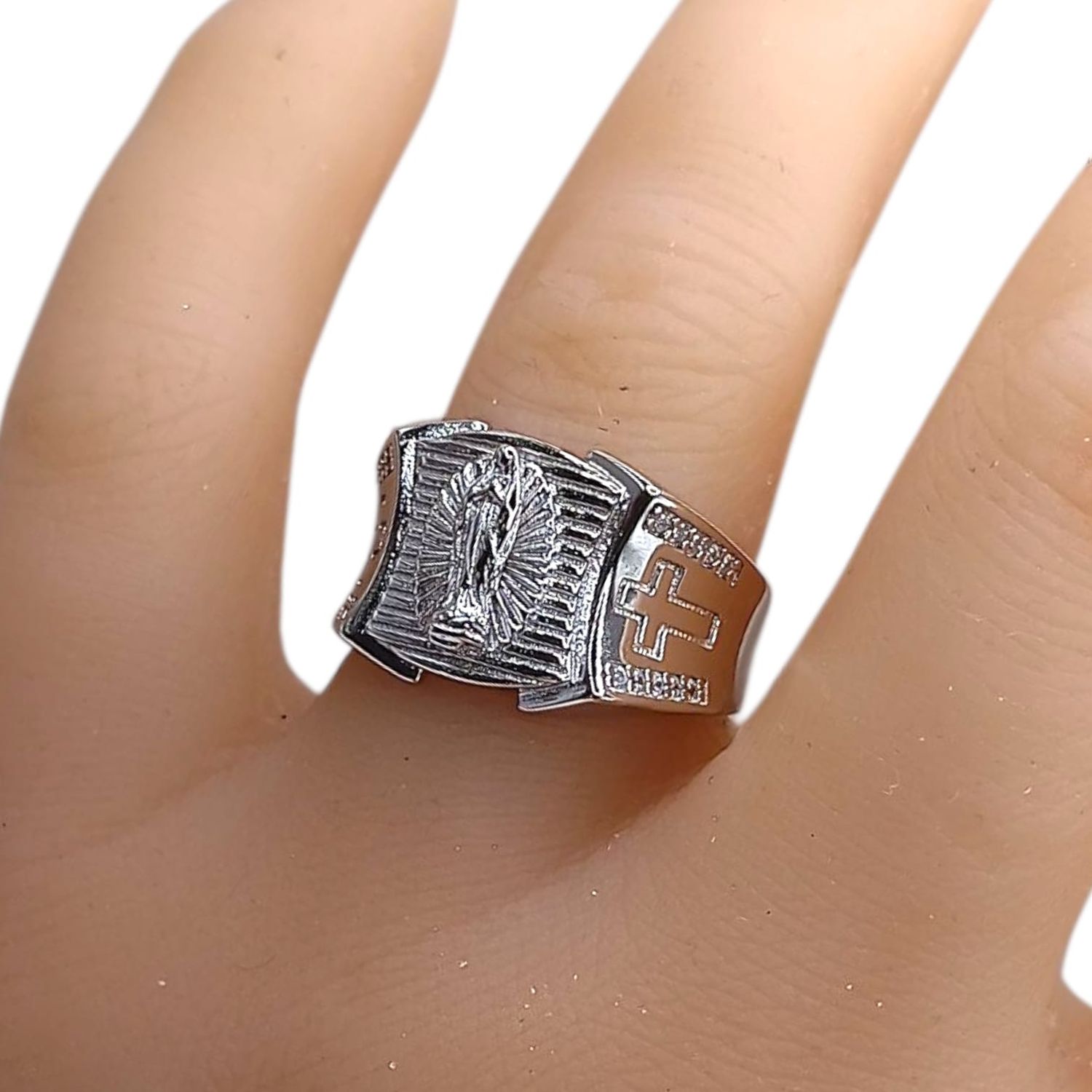 ANILLO CABALLERO VIRGEN DE GPE VARIAS MEDIDAS, PLATA .925