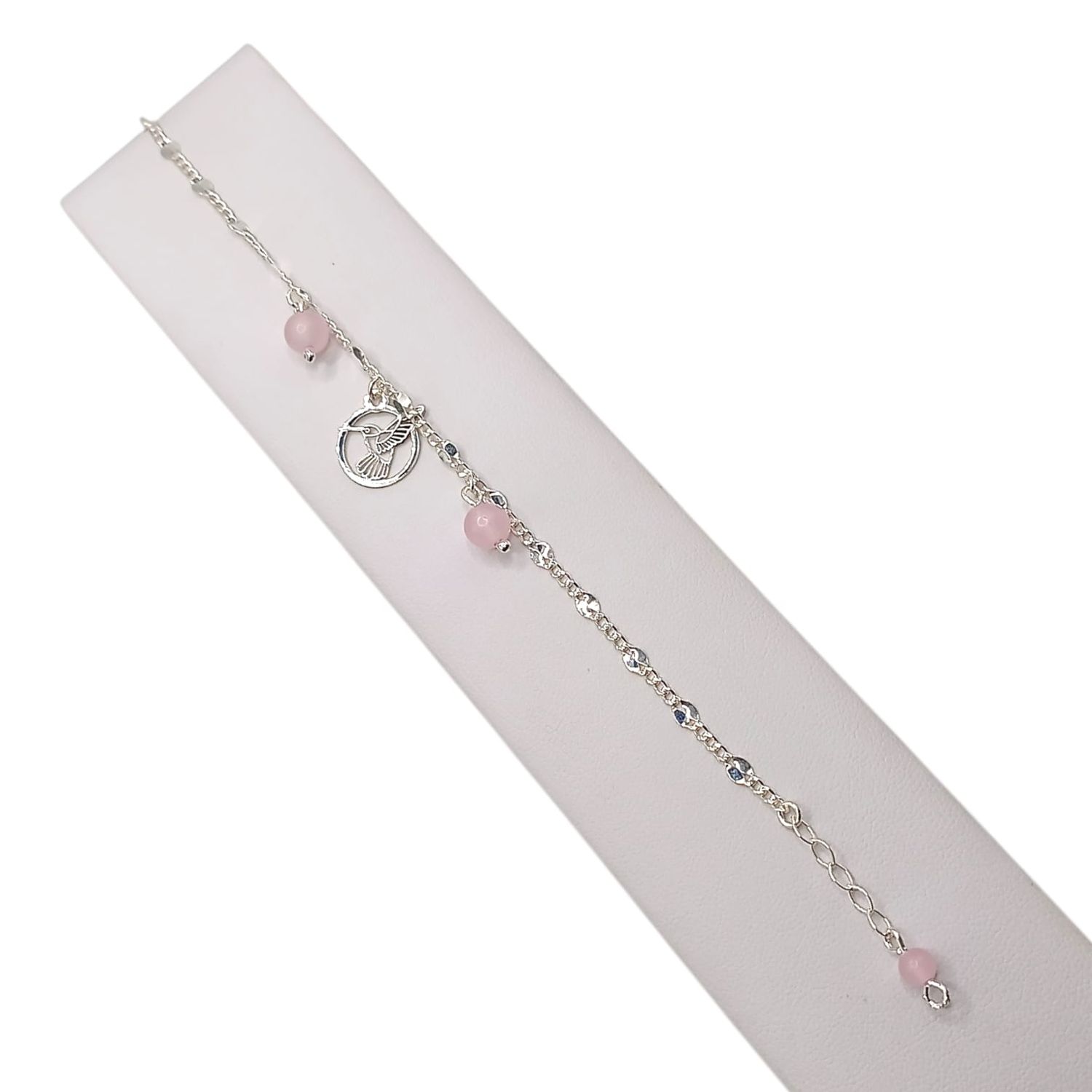 PULSERA  COLIBRI BOLITA ROSA  7" PLATA .925