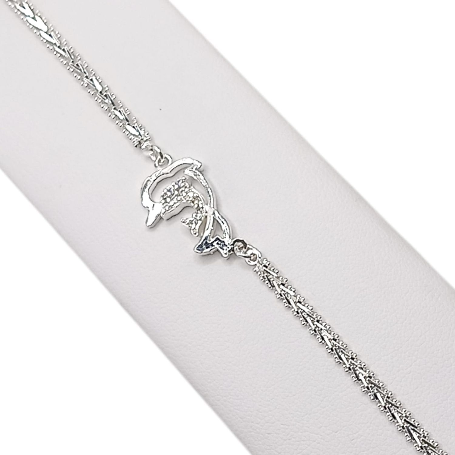 PULSERA BOLEADA CON DELFINES Y CZ 7&quot; PLATA .925