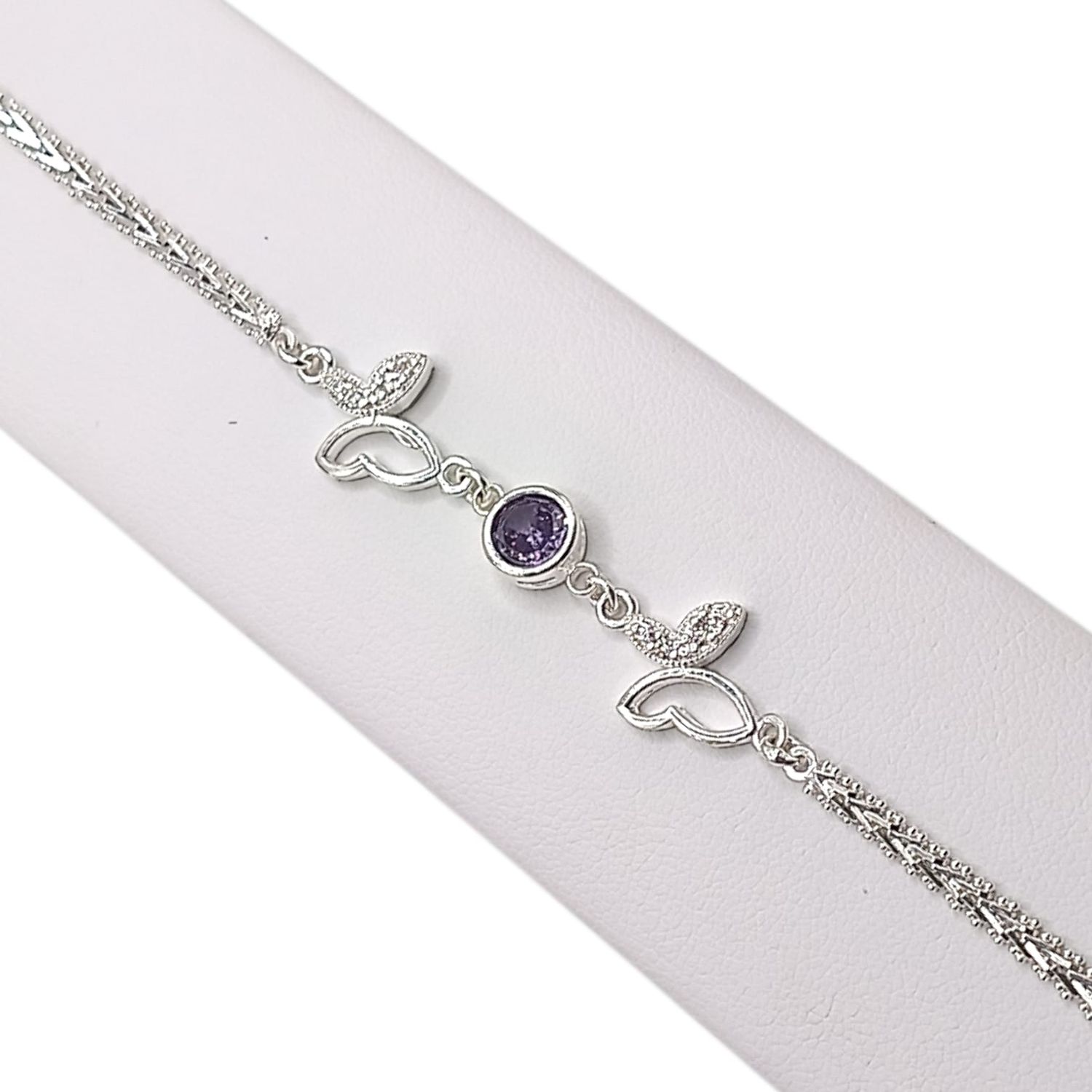 PULSERA BOLEADA MARIPOSA CON CZ LILA 7" PLATA .925