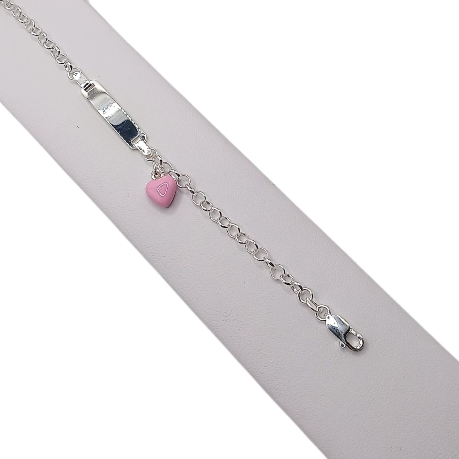 PULSERA CON PLACA Y CORAZON ESMALTADO ROSA 6", PLATA .925