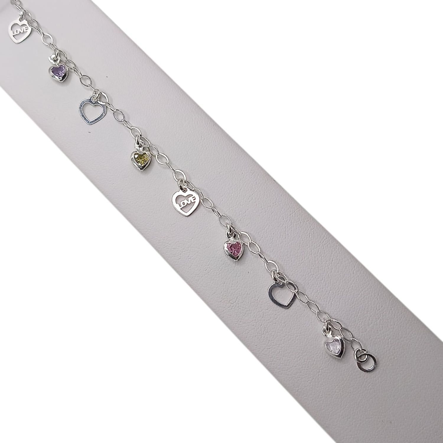 PULSERA CON CORAZONES CZ COLORES 7&quot; PLATA .925
