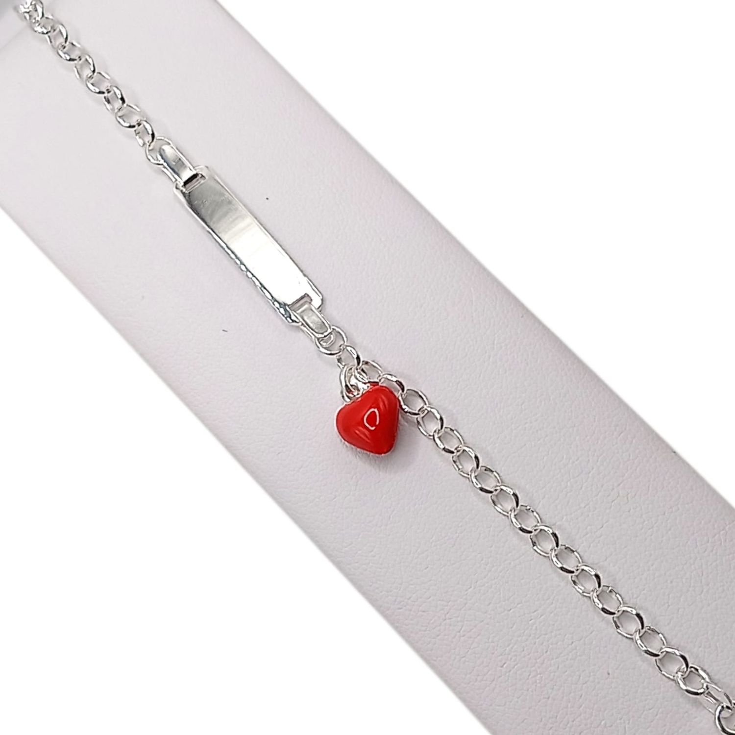 PULSERA CON PLACA Y CORAZON ESMALTADO 6", PLATA .925