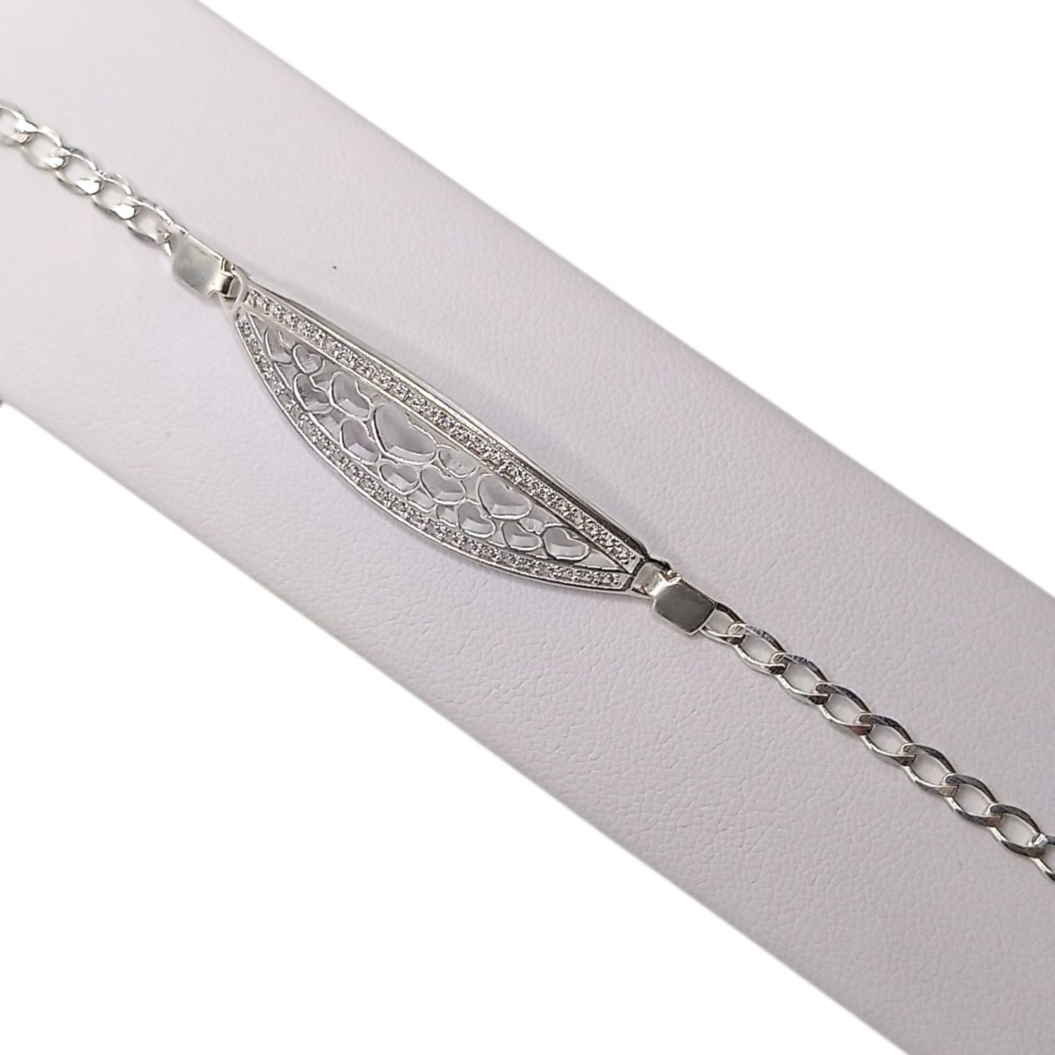 PULSERA PLACA CORAZONES  7&quot; . PLATA .925