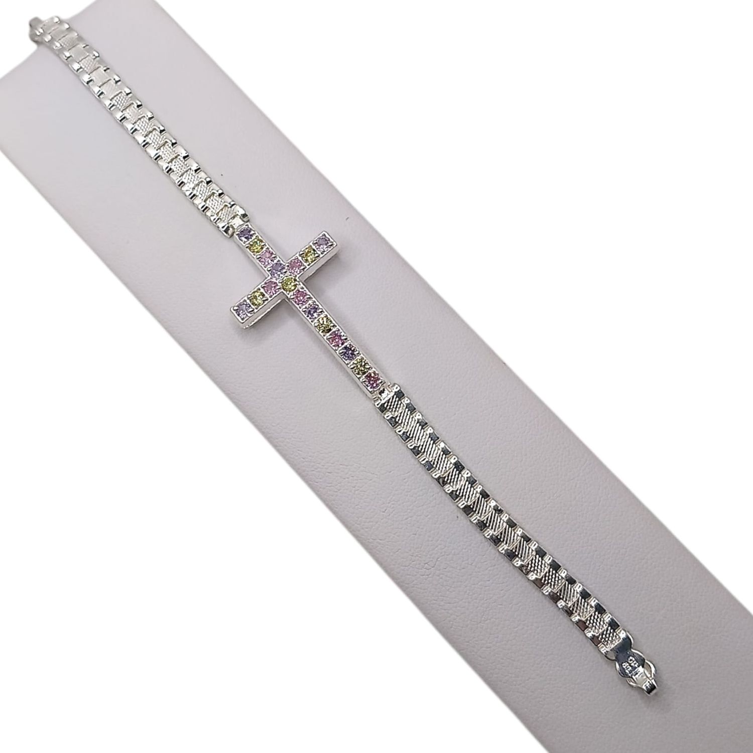 PULSERA CON CRUZ Y CZ  7&quot; PLATA .925