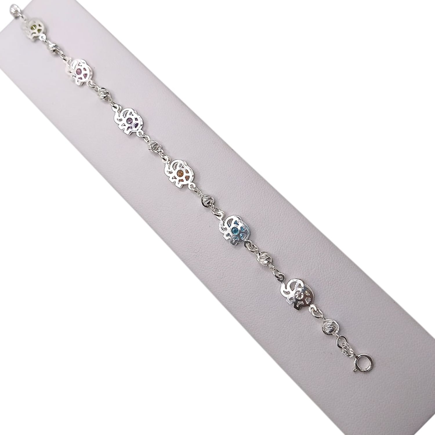 PULSERA ELEFANTITOS CON CZ DE COLORES 7&quot; PLATA .925