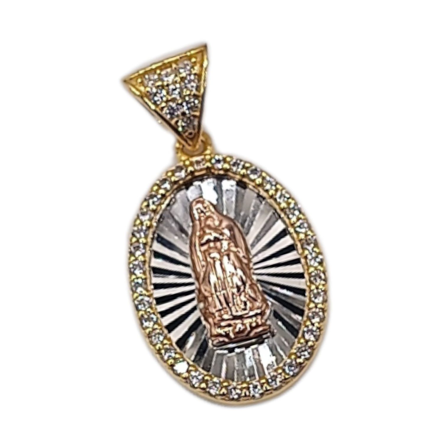 MEDALLA VIRGEN DE GPE 3 COLRES 2 CM, CHAPA DE ORO Y PLATA .925