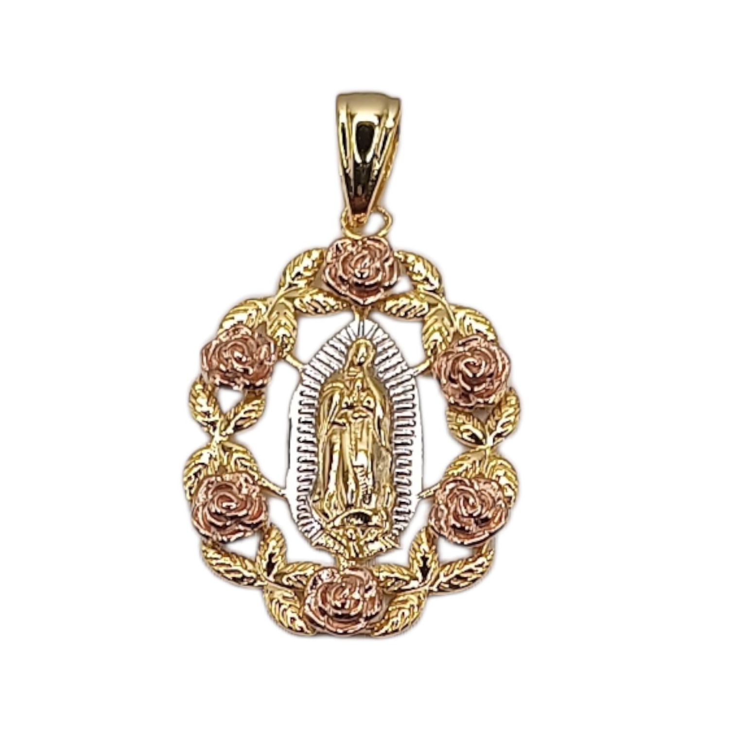 MEDALLA  VIRGEN DE GPE 3 COLORES 3.3 CM LARGO TOTAL, CHAPA DE ORO Y PLATA .925