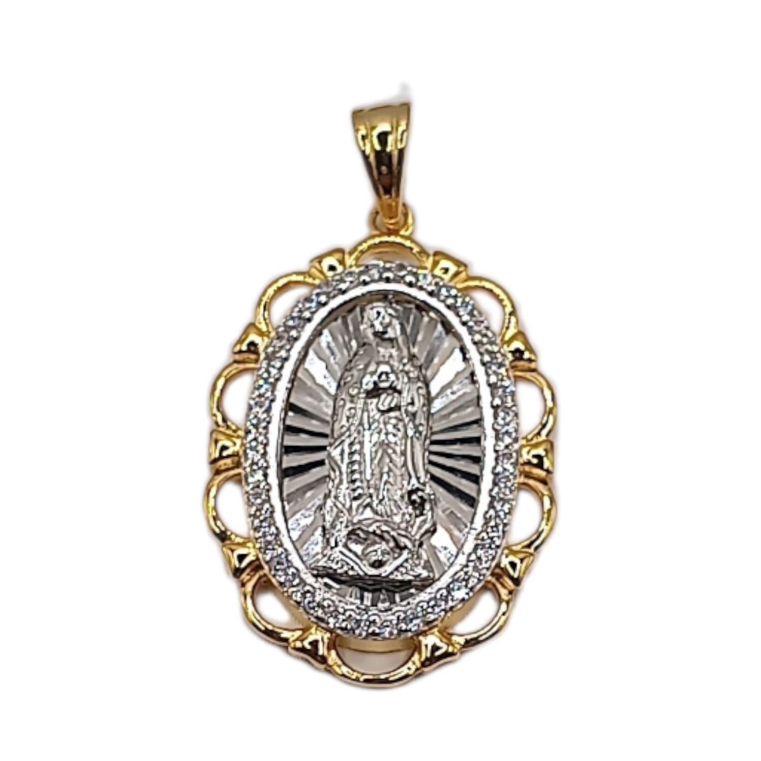 MEDALLA VIRGEN DE GPE 2 COLORES 3 CM, CAPA DE ORO Y PLATA .925