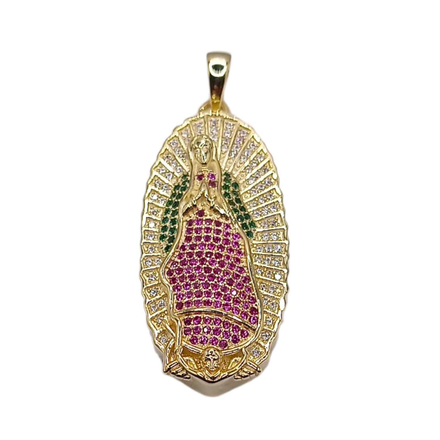 MEDALLA VIRGEN DE GPE CON MINI CZ, 3.5 CM, CHAPA DE ORO Y PLATA .925