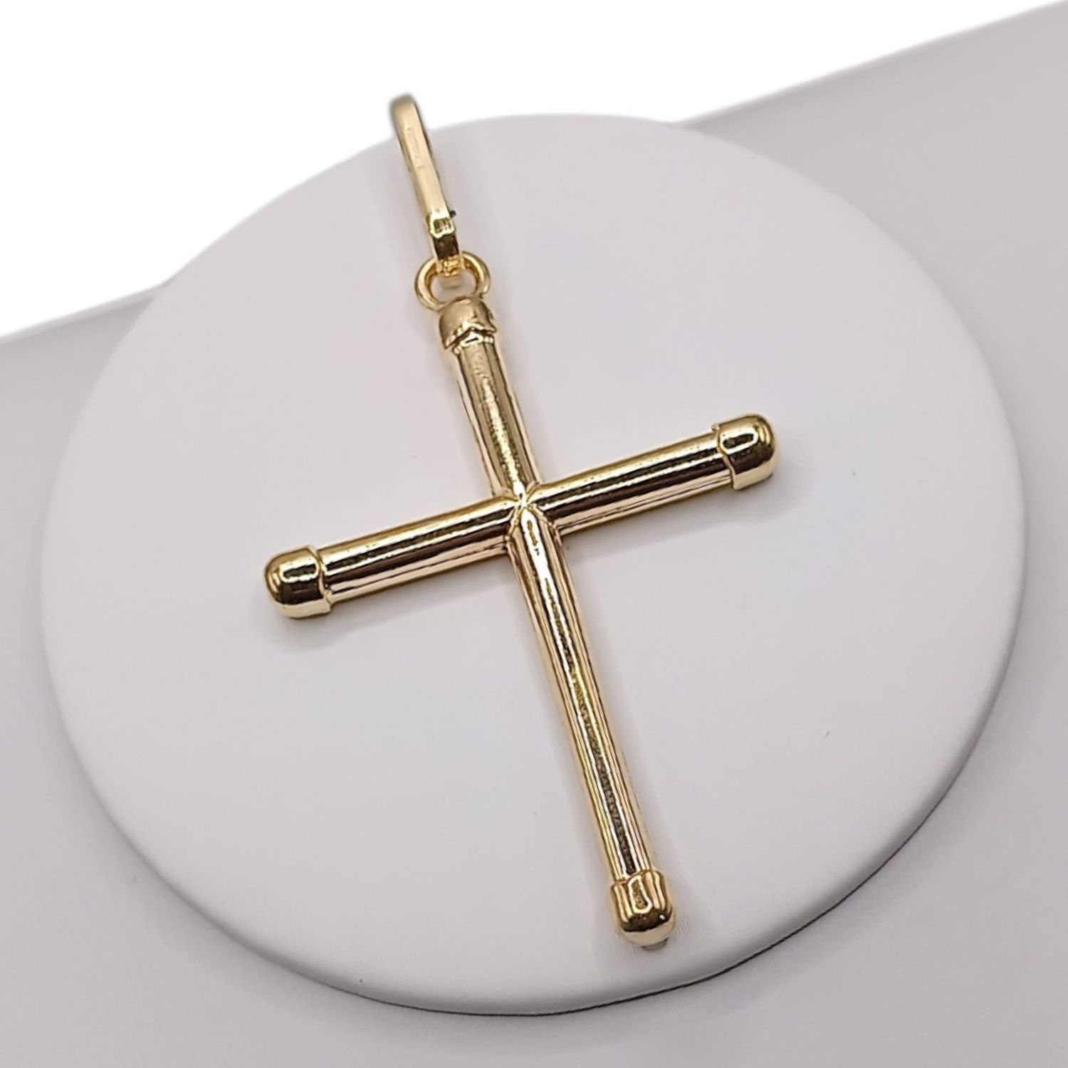 DIJE CRUZ TUBO, 5.5 CM, CHAPA DE ORO Y PLATA .925