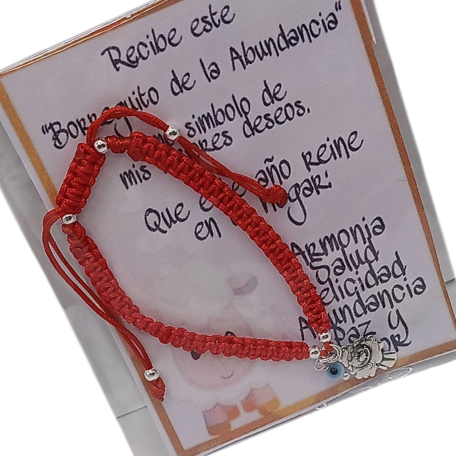 PULSERA BORREGUITO TEJIDA  HILO ROJO AJUSTABLE, PLATA .925