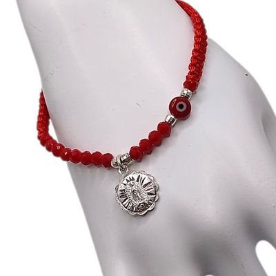 PULSERA VIRGEN DE GPE CON OJITO, TEJIDA EN  HILO ROJO, AJUSTABLE, PLATA .925
