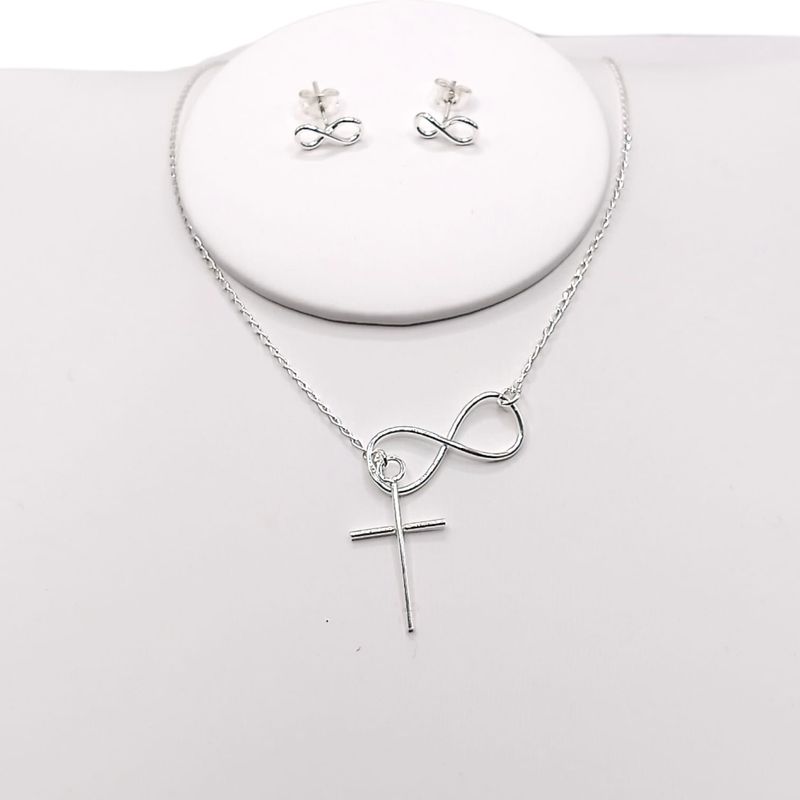 COLLAR INFINITO CRUZ AJUSTABLE CON ARETE BROCHE MARIPOSA, PLATA .925