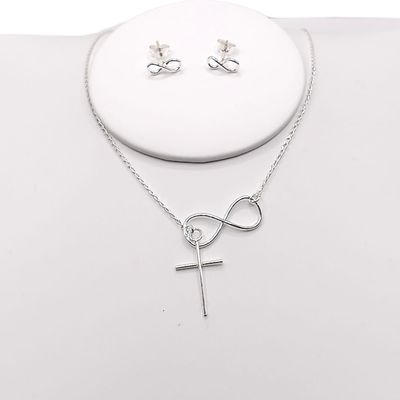 COLLAR INFINITO CRUZ AJUSTABLE CON ARETE BROCHE MARIPOSA, PLATA .925