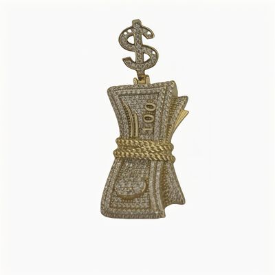100 Dollars Micropavé Pendant with Italian 925 Silver and Gold Plating, Measures 5 cm, Ideal for Chains of 5mm or Less