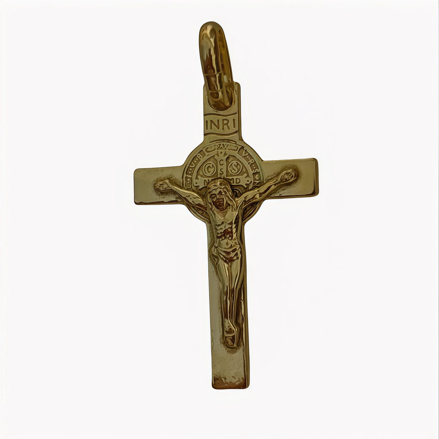 Dije Cruz san Benito con chapa en Oro en Plata 925 Italiana, Mide 4cm, Ideal para cadenas 5mm o menos