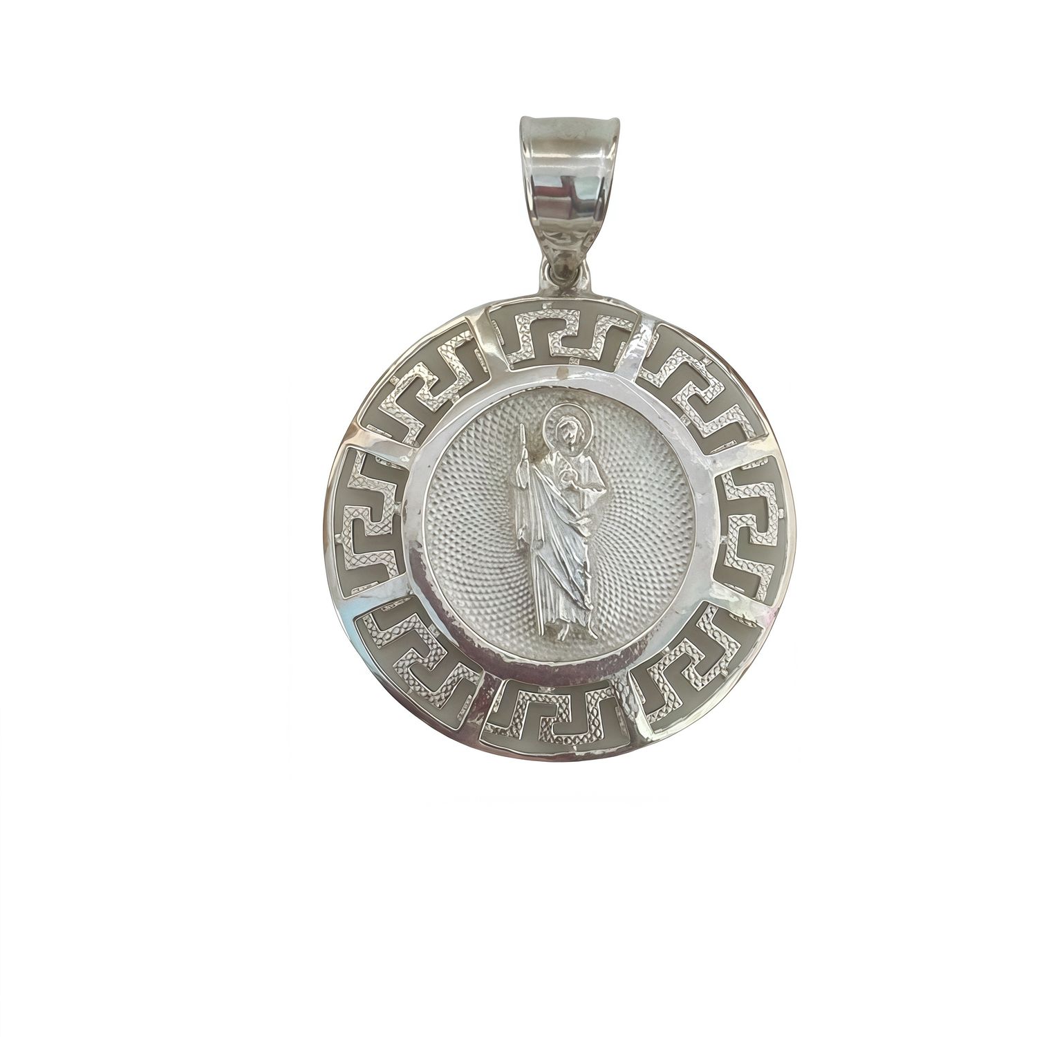 Saint Jude Pendant with Greek Pattern Design in 925b Silver MXi, measures 3cm, ideal for chains 5mm or less.