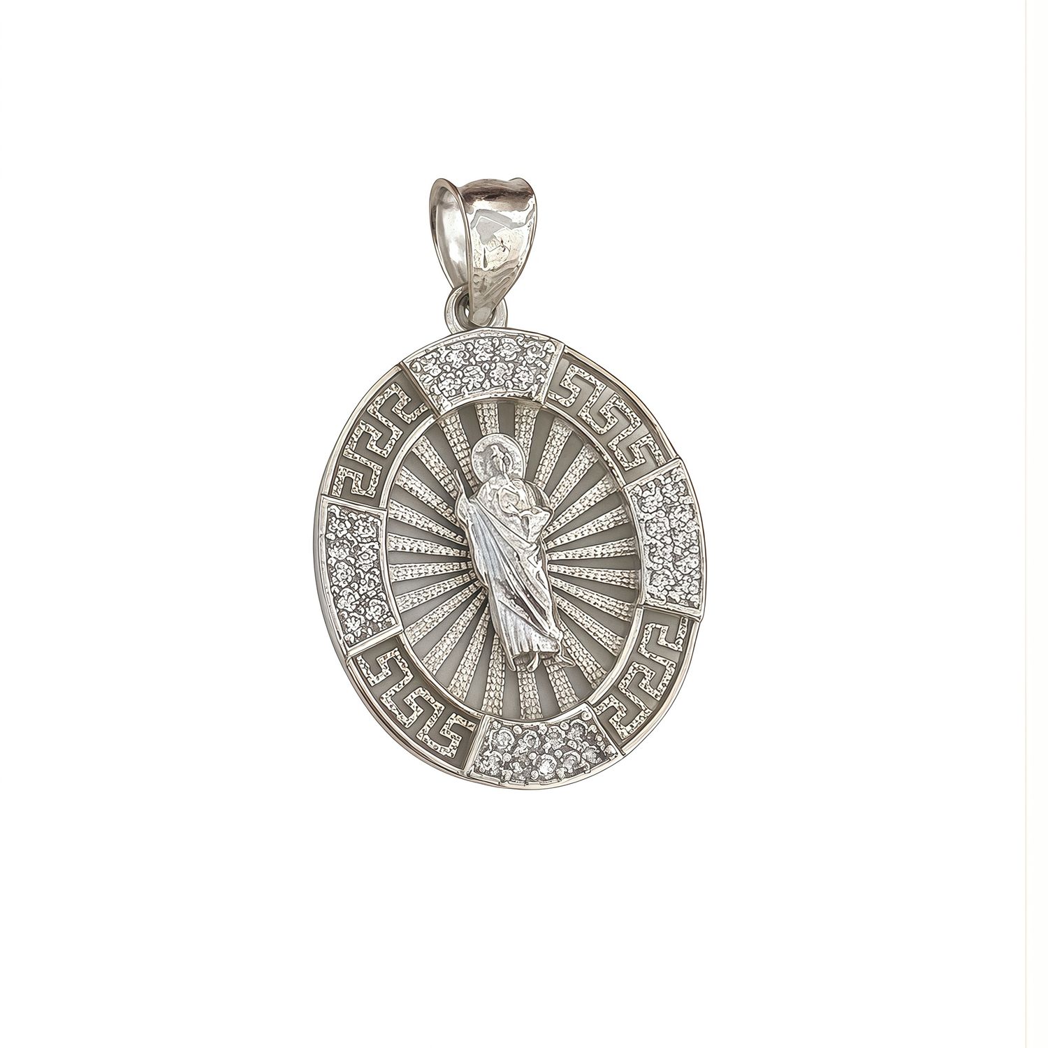 Oval St. Jude Pendant with Mini Zirconias, Greek Design Mexican 925 Silver, measures 3cm ideal for chains 4mm or less in width.