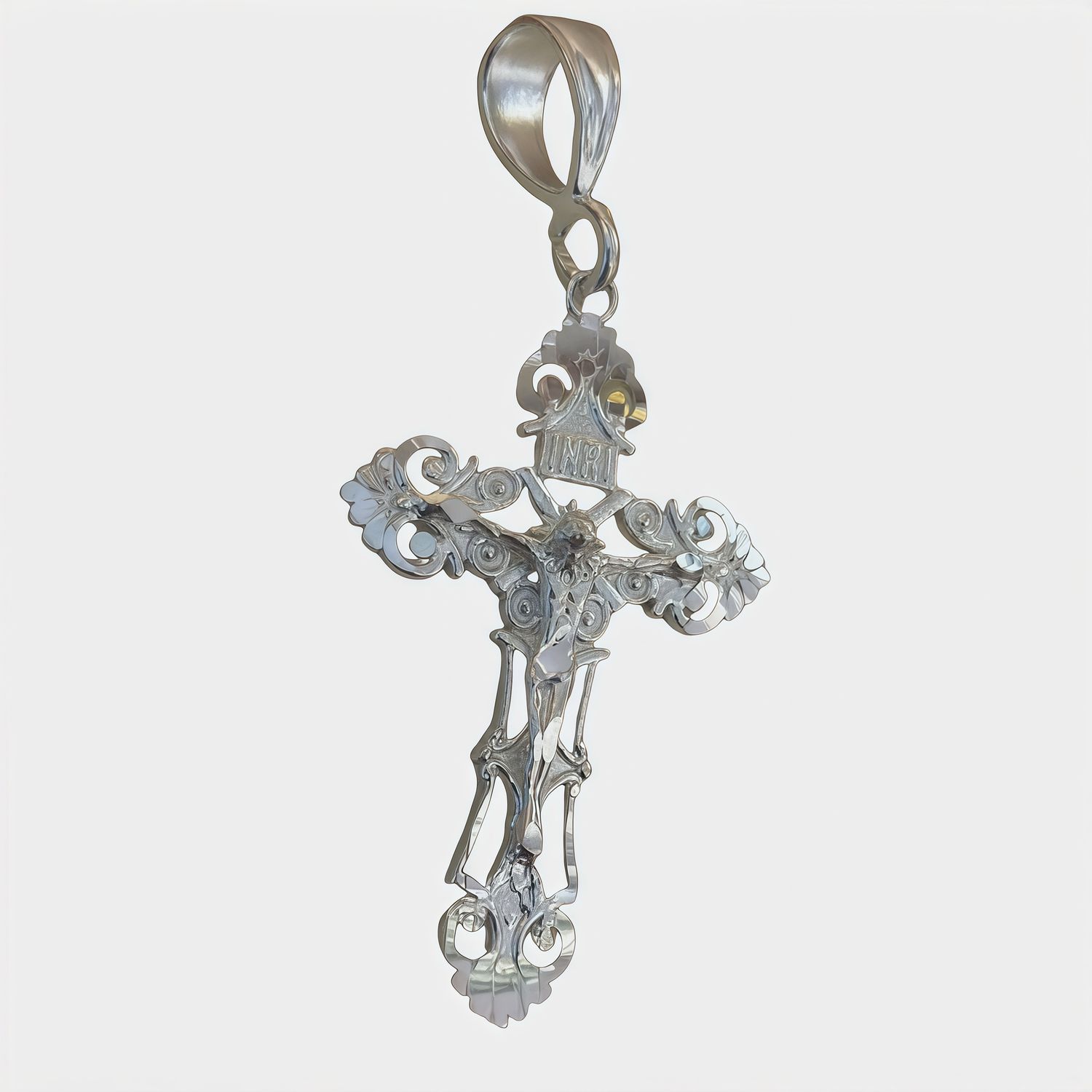 Filigree Cross Pendant with Christ, Mexican Silver, Measures 7 cm, ideal for chains from 10 mm to 6 mm wide.